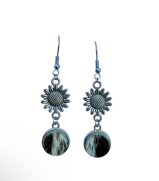 J7053B - 100% Hair on Hide Earrings with Sunflower