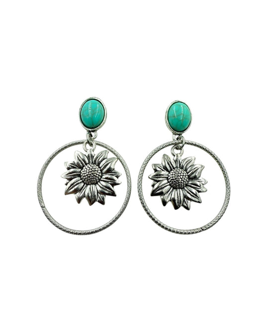 J6958 -  Turquoise Stud Sunflower Dangle Earrings