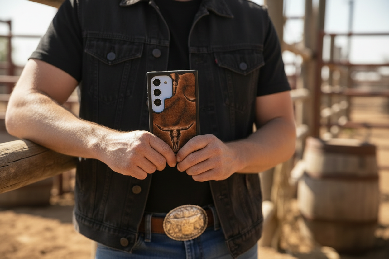 A8710 - Samsung S23 Ultra Tooled Leather w Rubber Case - Rawhide Western Wear 