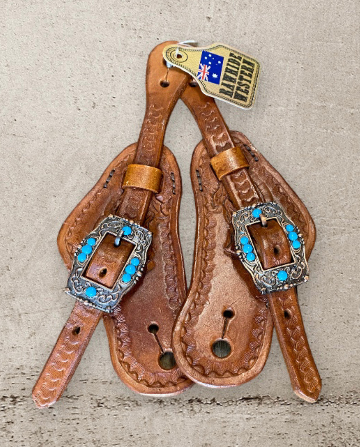 T5535 - Acron Tooled Spur Straps with Antique Buckles