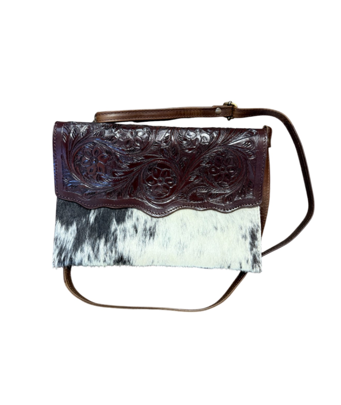 77051A -  Dark Leather Crossbody Bag with Black and White hair on cowhide