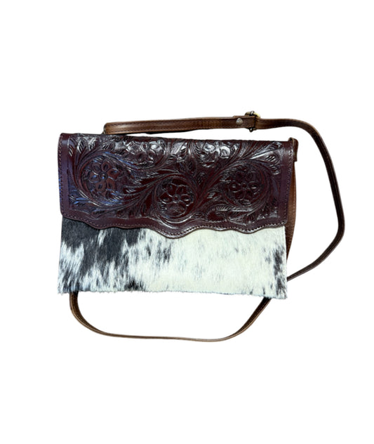 77051A -  Dark Leather Crossbody Bag with Black and White hair on cowhide