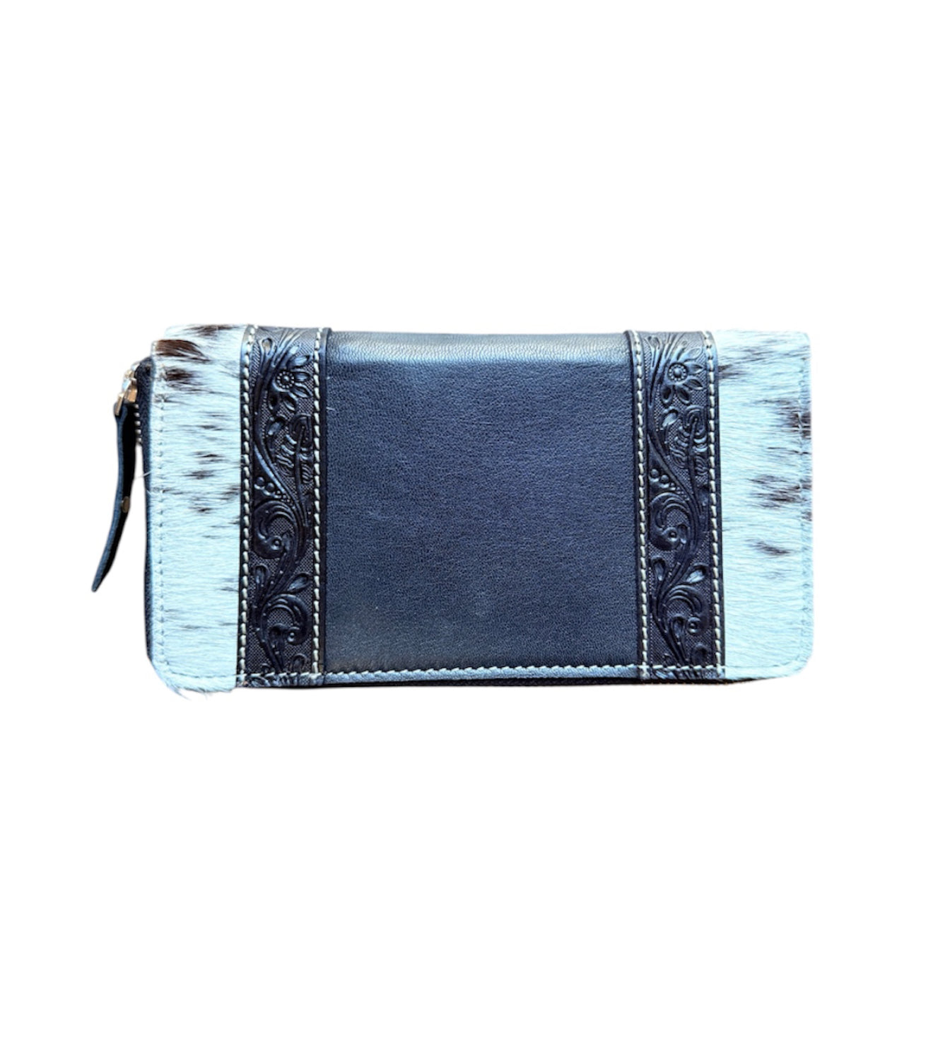 AW32BK - Cowhide & Tooling Leather Boot Stitch Zippered Wallet