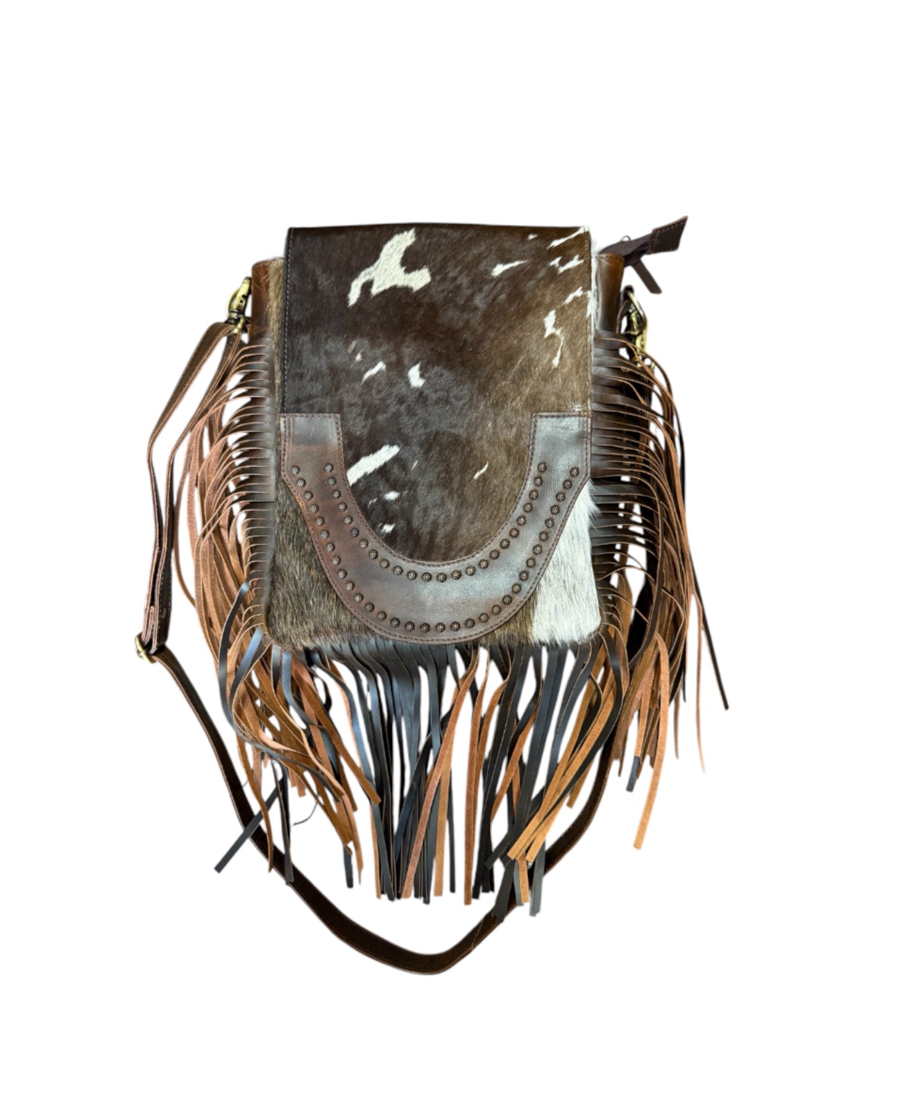 77052B -  Brown and White Cowhide Crossbody Bag with flap and brown suede fringe
