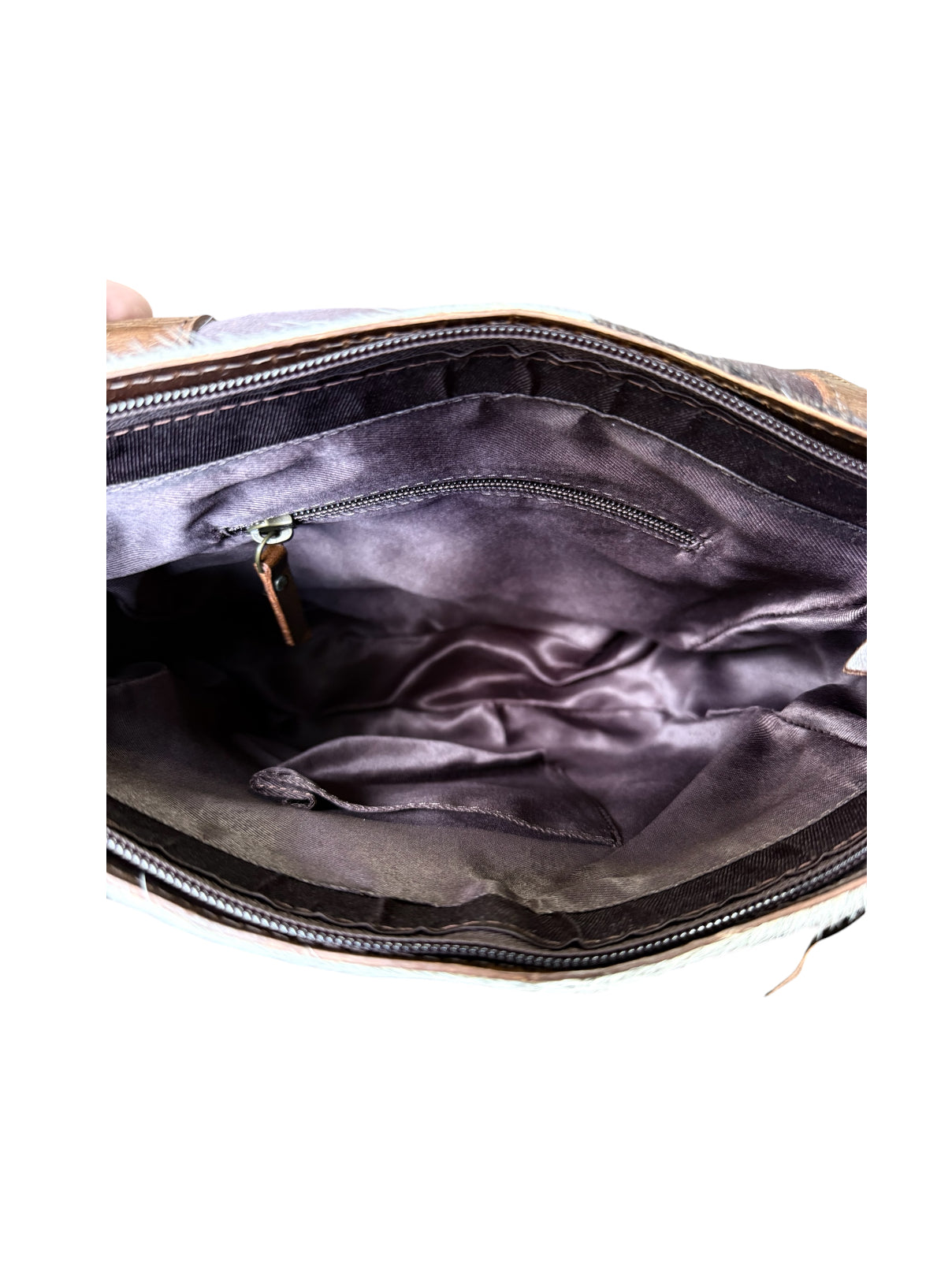 77052 -  Brown and White Cowhide Crossbody Bag with flap and brown suede fringe