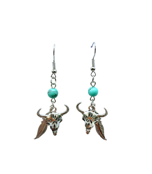J7039 -  Bull & Feather Dangle Earrings Turquoise
