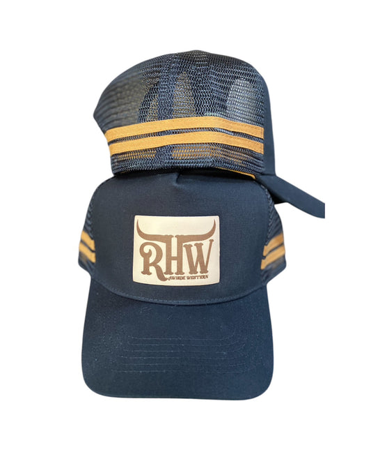 P4118 - Rawhide Black Leather Patch Country Trucker Cap