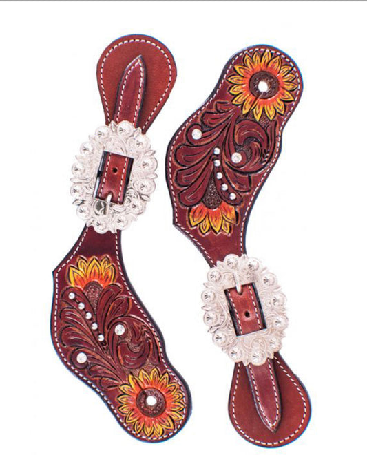 202438 - Ladies Hand Painted Sunflower spur straps with floral tooling