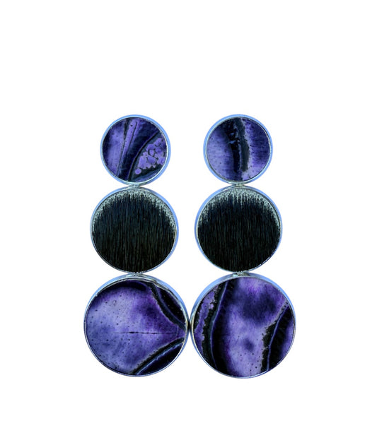 J7024B - Real Leather & Cowhide Metal Casing Stud Dangle Earrings