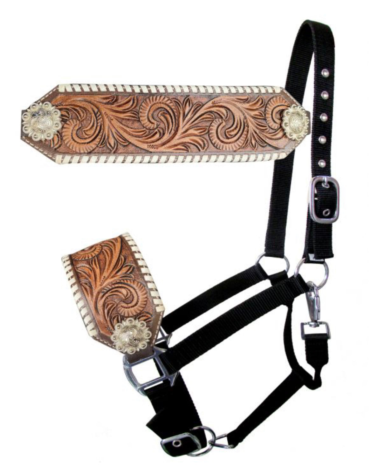 16826 - Adjustable nylon bronc halter with tooled floral noseband with white rawhide lacing