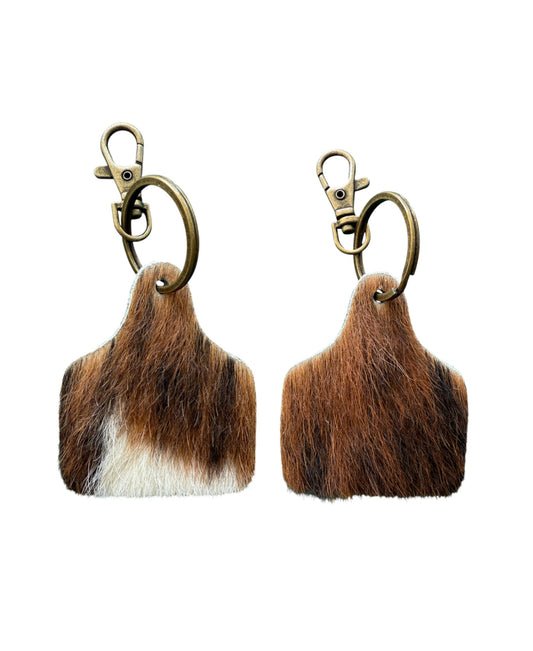 A8752A - Double Sided 100% Hair On Hide Leather Ear Tag Keychain - Rawhide Western Wear 