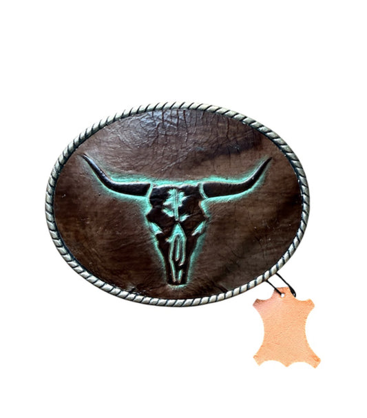 A8872 - Silver Antique Colour Western Buckle w Leather Tooled insert