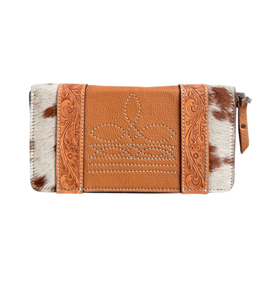 AW32T - Cowhide & Tooling Leather Boot Stitch Zippered Wallet