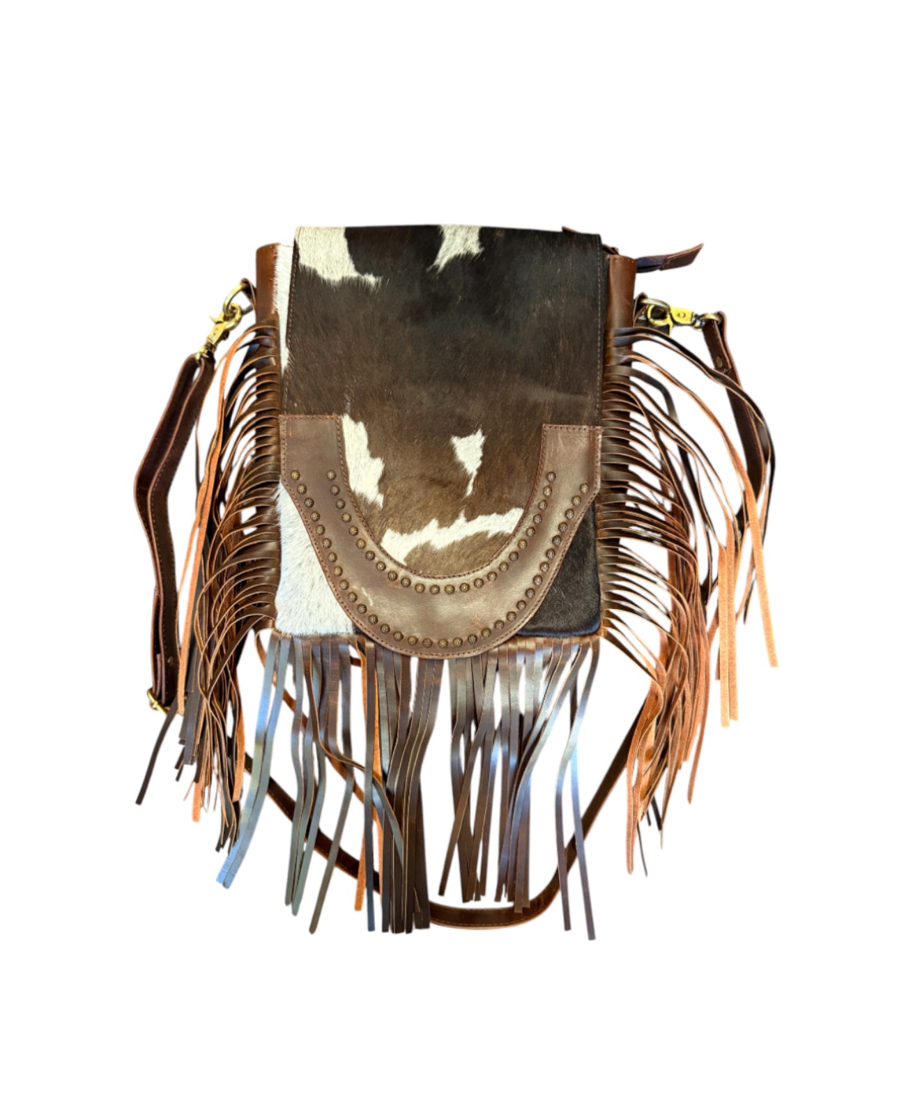 77052 -  Brown and White Cowhide Crossbody Bag with flap and brown suede fringe