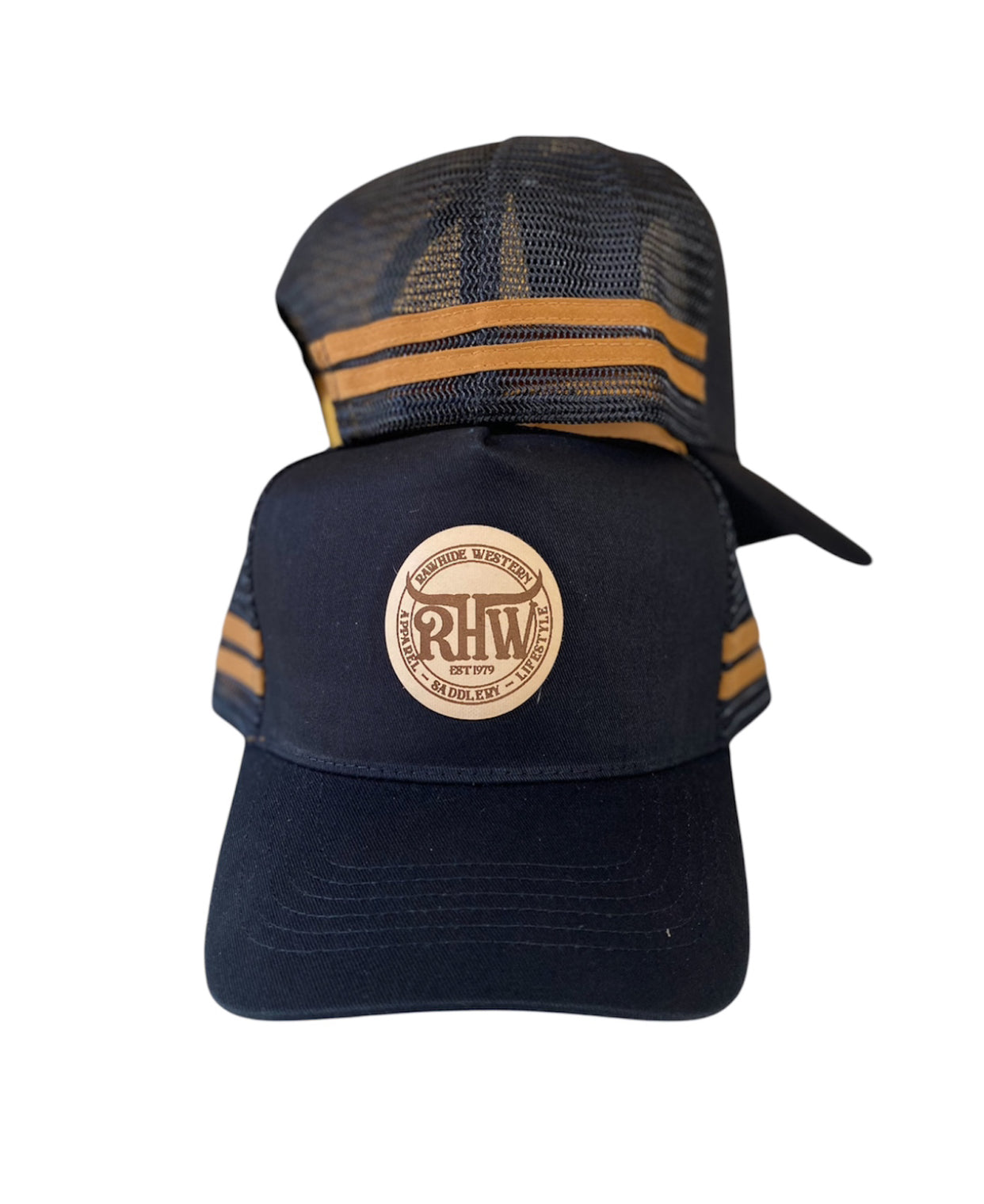 P4203 - Rawhide Lifestyle Black Leather Patch Country Trucker Cap