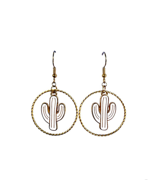 J7011C - Gold Colour Dangle Earrings with Cactus