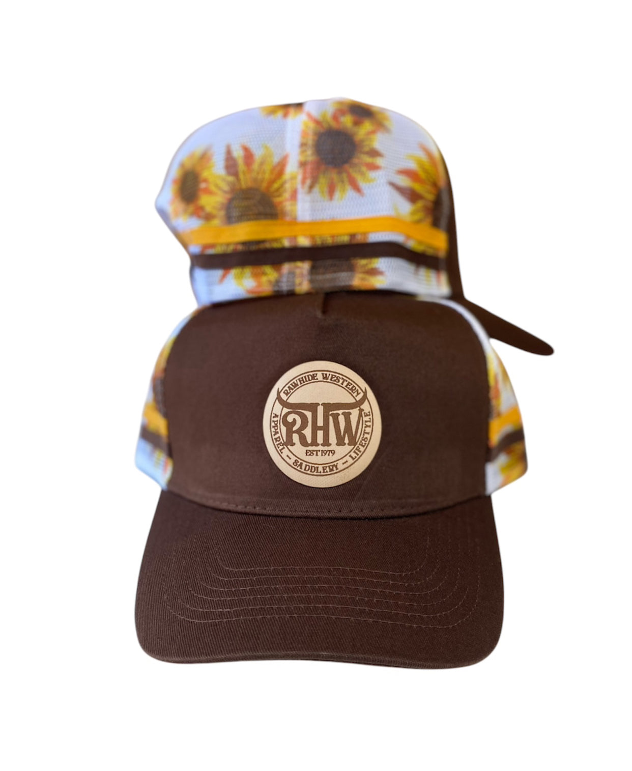 P4208 - Rawhide Lifestyle brown sunflower Leather Patch Country Trucker Cap