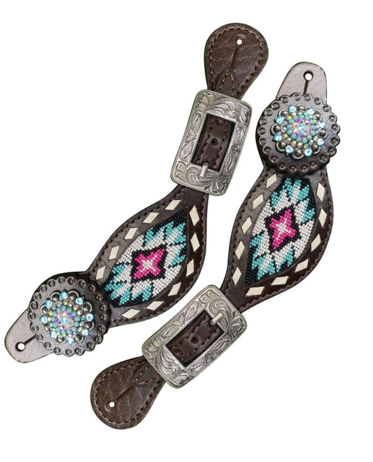 30997 - Pink and Teal Beaded Ladies Spur Straps with bling conchos