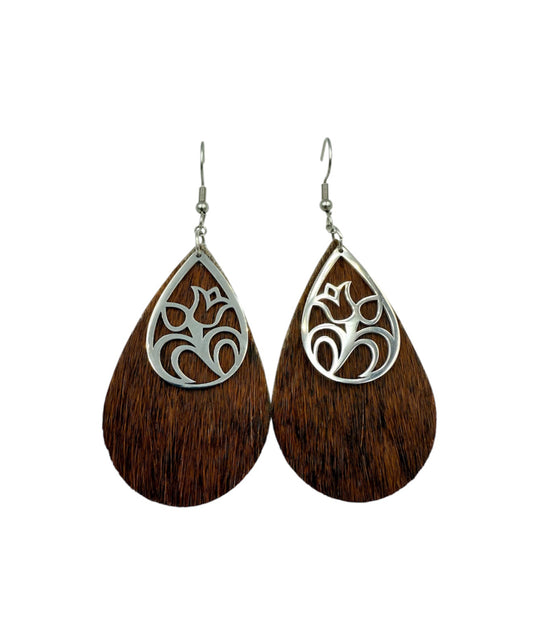 J7123A - Tear Drop Cowhide Fishhook Dangle Earrings