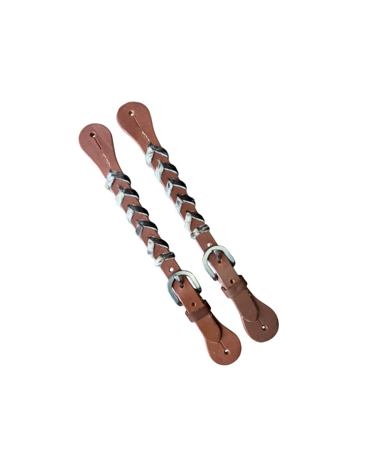 30986B - Argentina Cow Leather Ladies size spur straps with hair on cowhide lacing