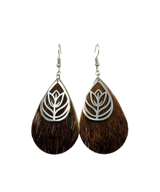 J7123D - Tear Drop Cowhide Fishhook Dangle Earrings