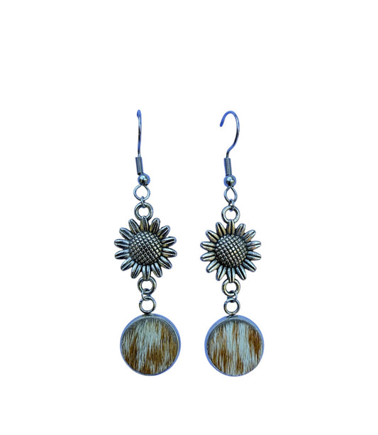 J7053 - 100% Hair on Hide Earrings with Sunflower