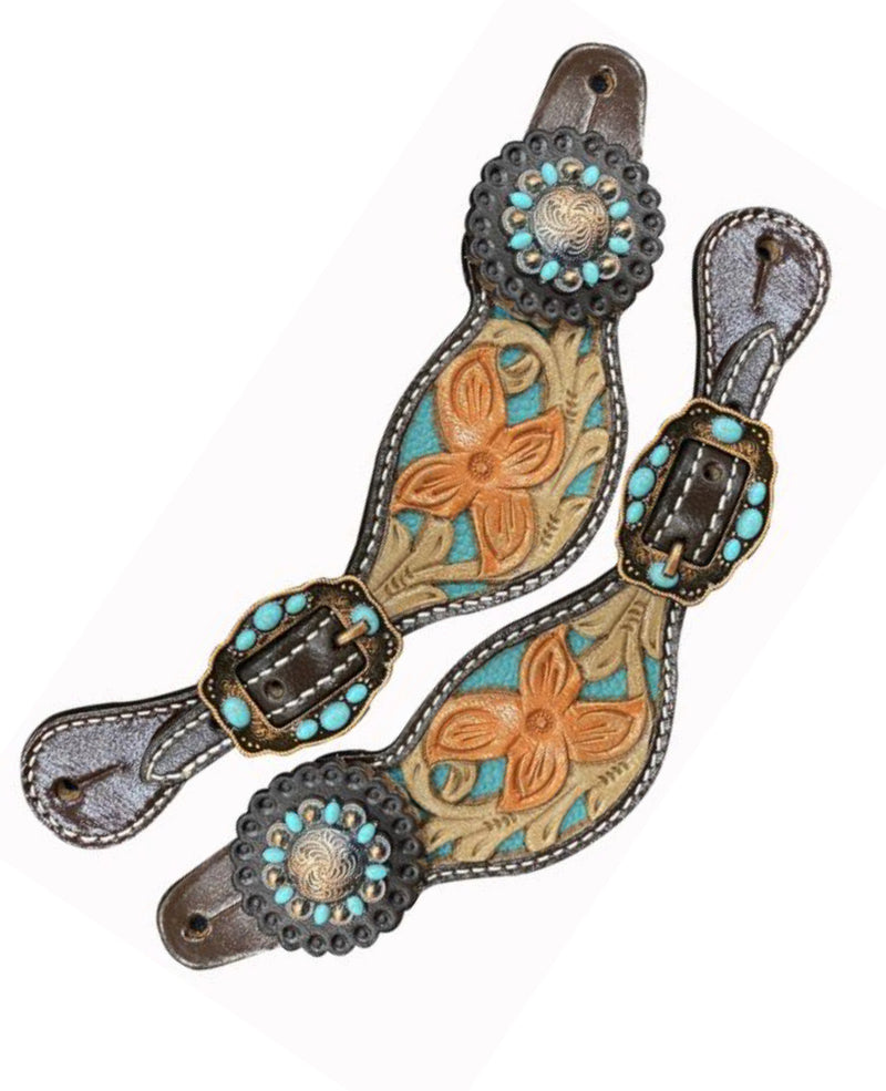 30998 - Floral tooled with teal inlay spur straps