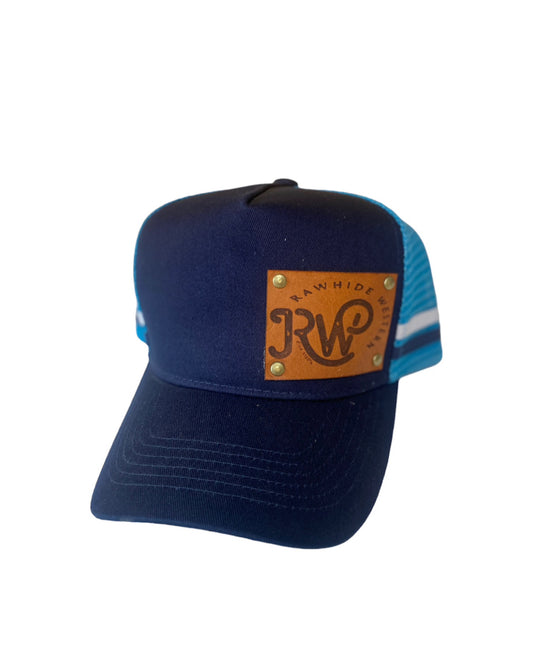 P4154 - Rawhide Navy Leather Patch Country Trucker Cap