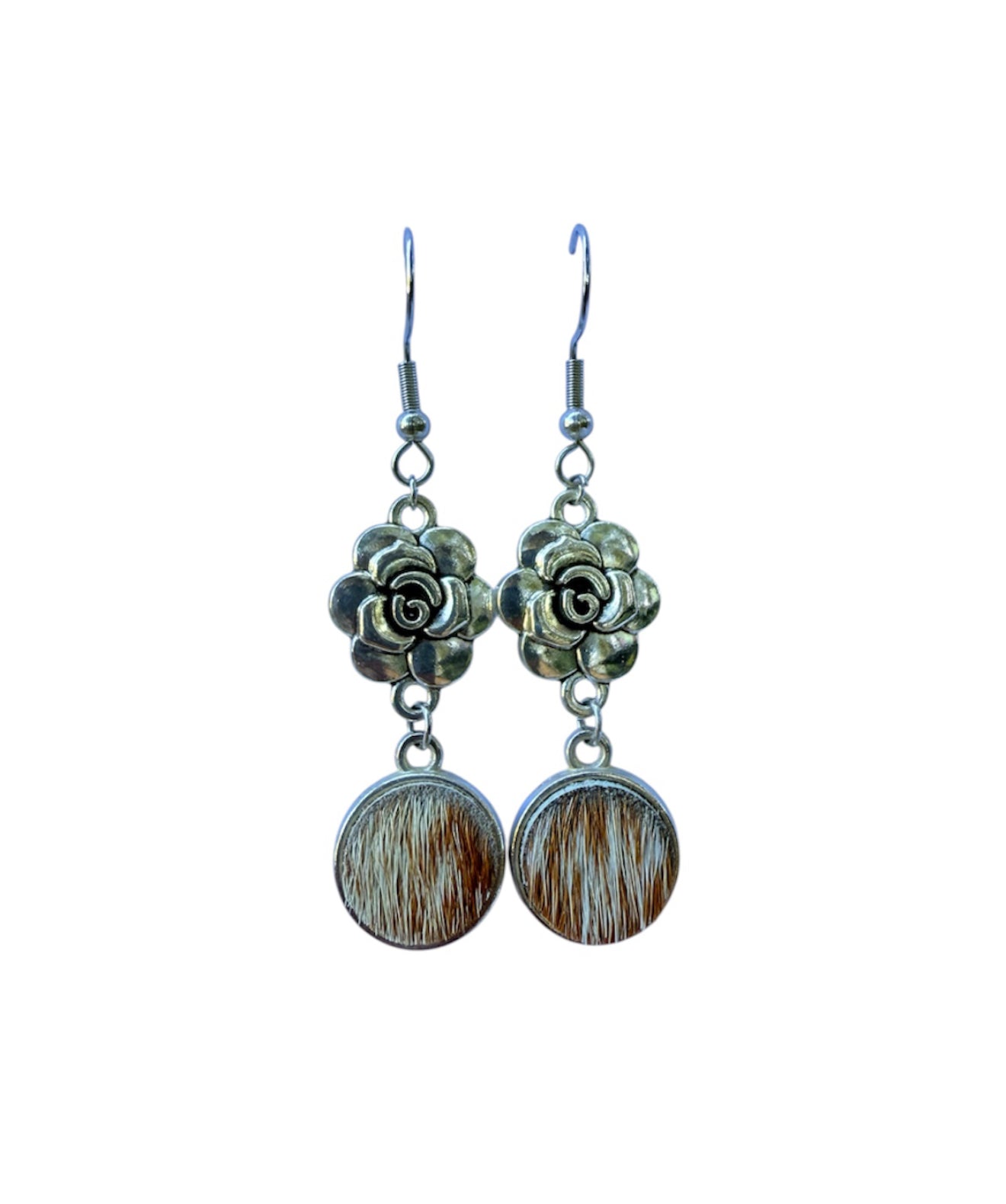 J7057B - 100% Hair on Hide Earrings with Flower Drop - Rawhide Western Wear 