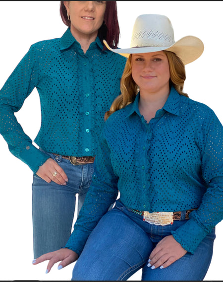 L1463- Florence Ladies Turquoise Broderie Western Shirt