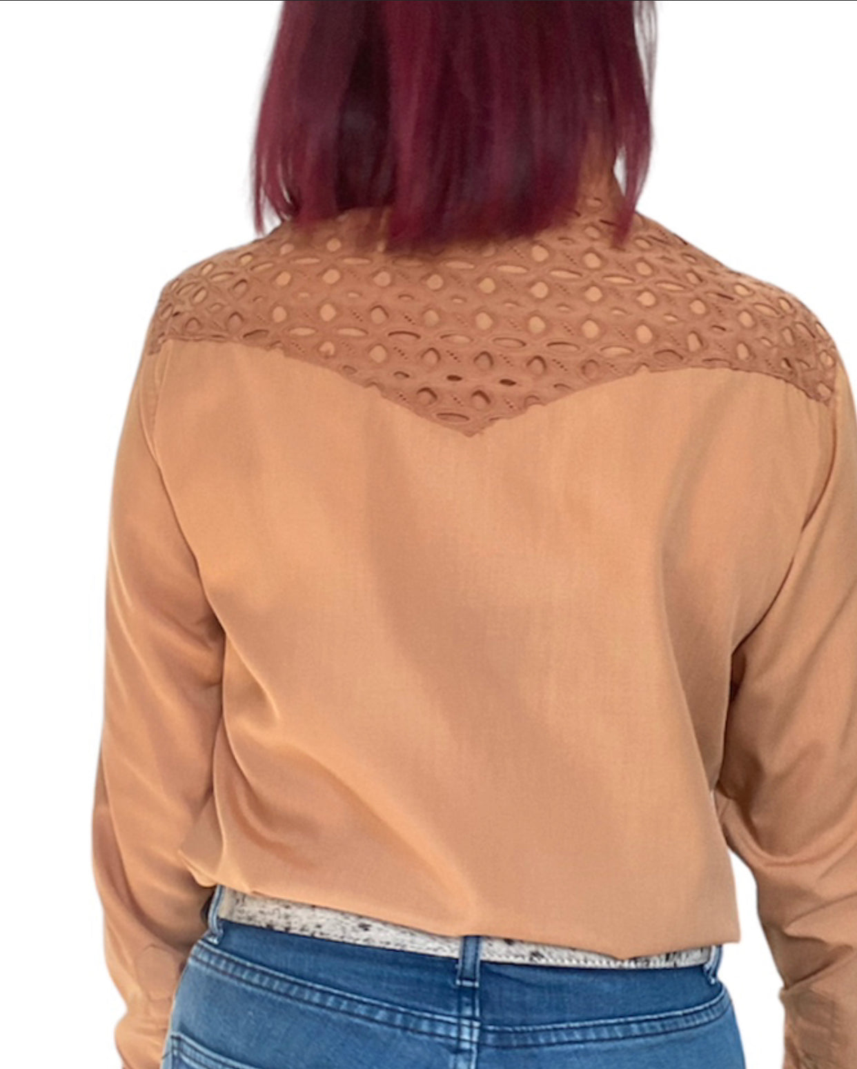 L1461- Jess Ladies Tan Western Shirt with Broderie Contrast