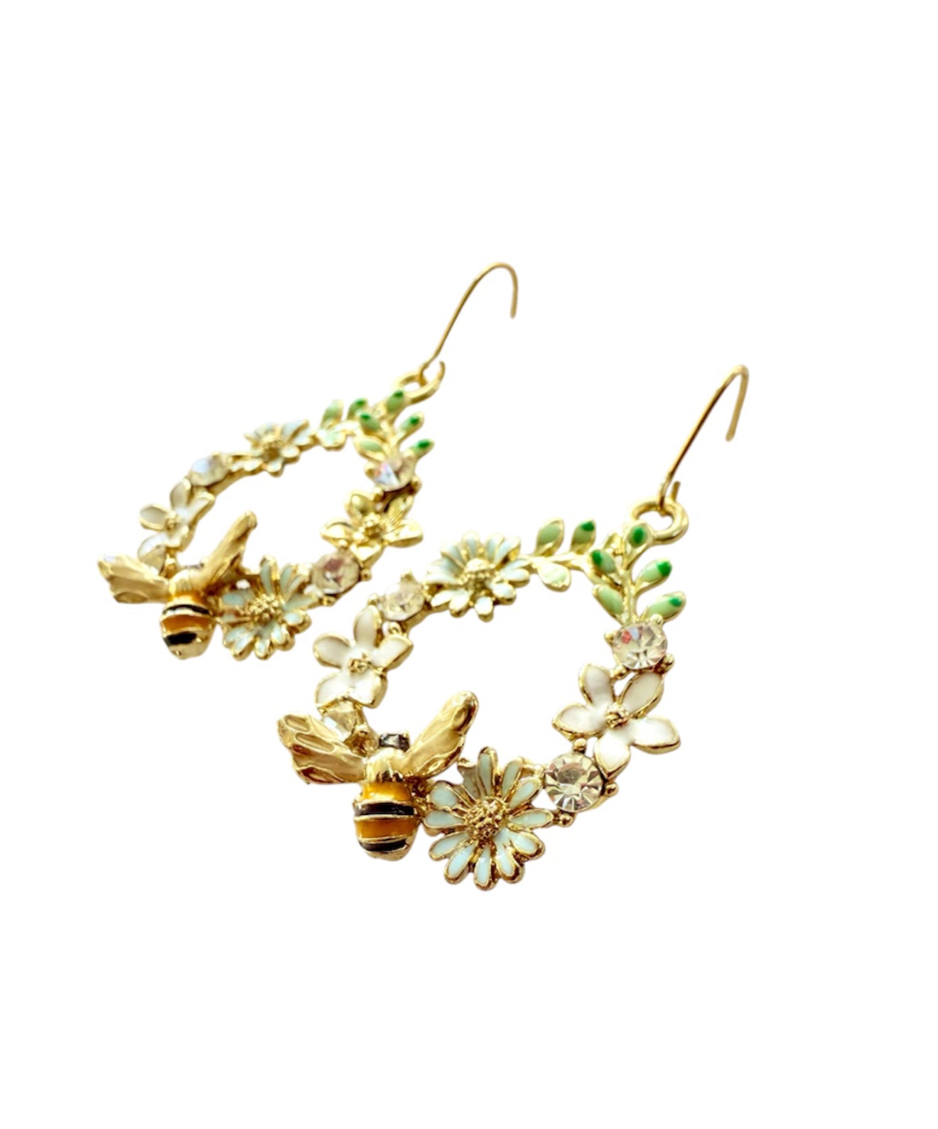 J7056 - Flowers & Bee Gold Colour Fishhook Earrings