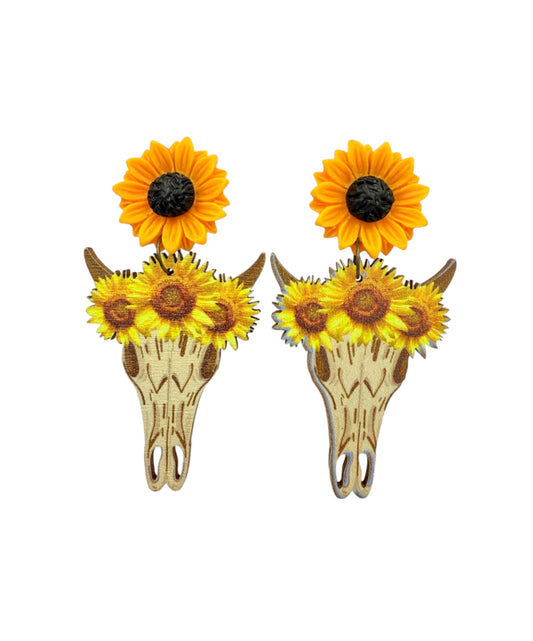 J6683 - Sunflower Stud w Bull Skull Dangle Earrings