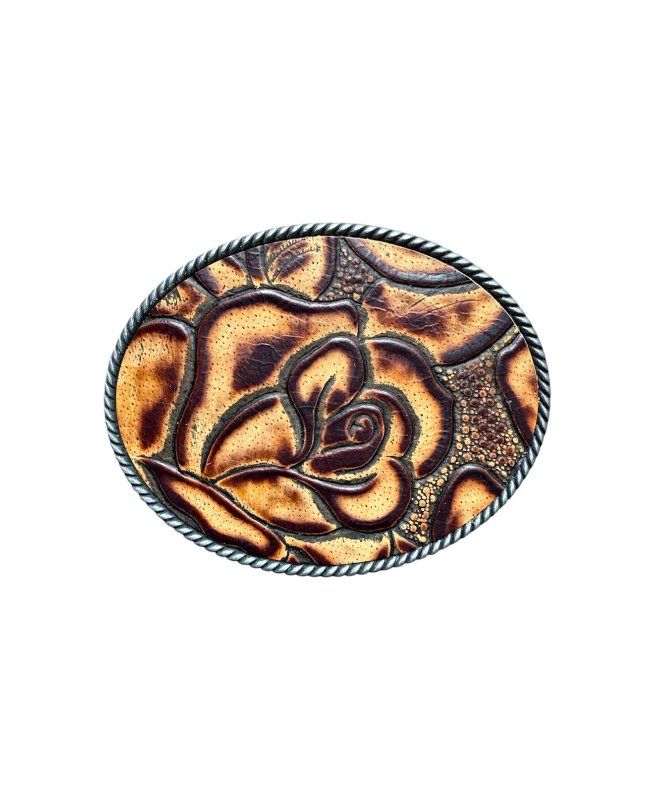 A8872A - Silver Antique Colour Western Buckle w Leather Tooled insert - Rawhide Western Wear 