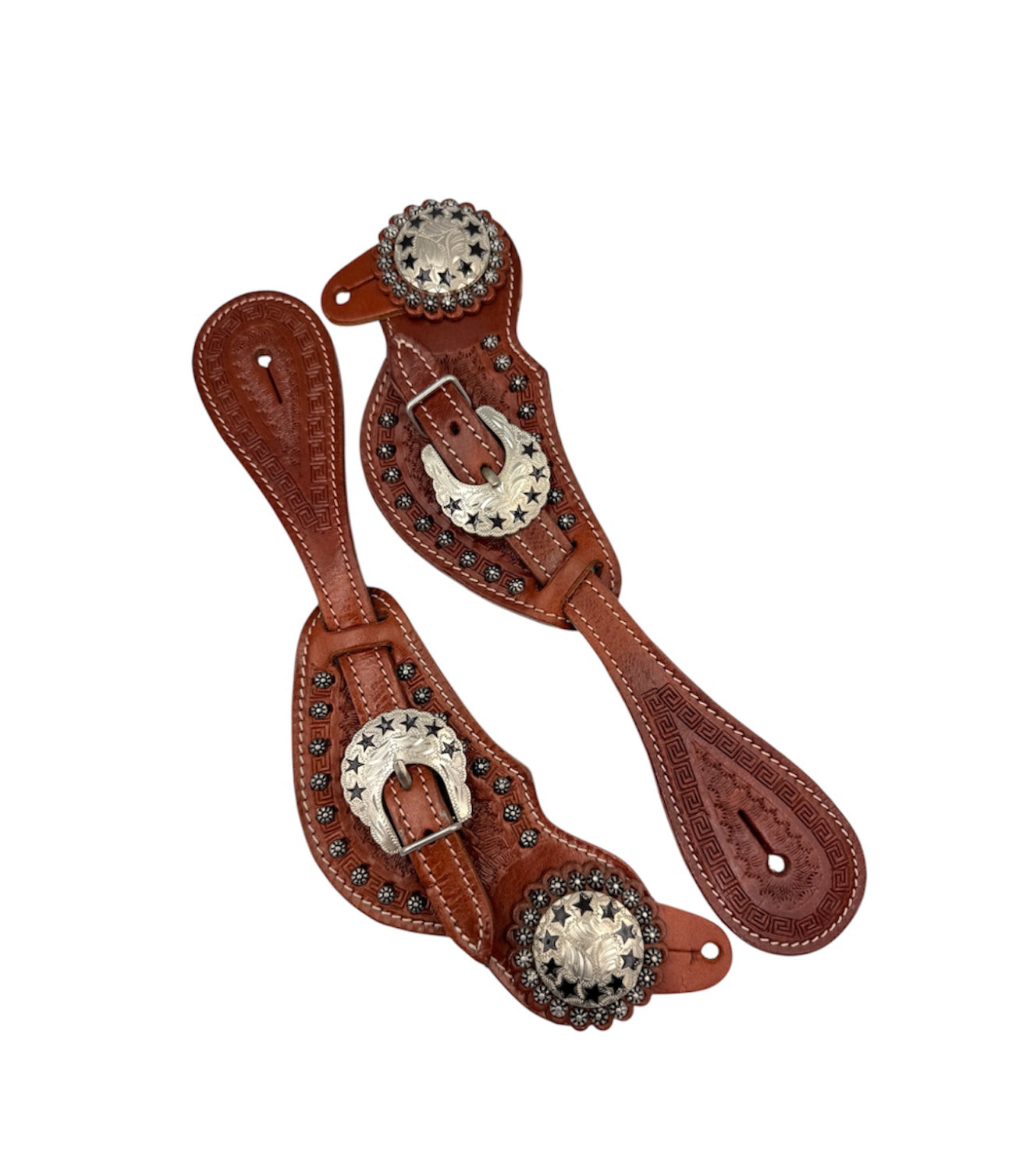 250 - Ladies Tooled Leather spur straps Black Stars & Studs