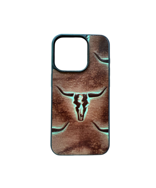 A8602 - IPhone 15 Pro Tooled Leather w Rubber Case - Rawhide Western Wear 