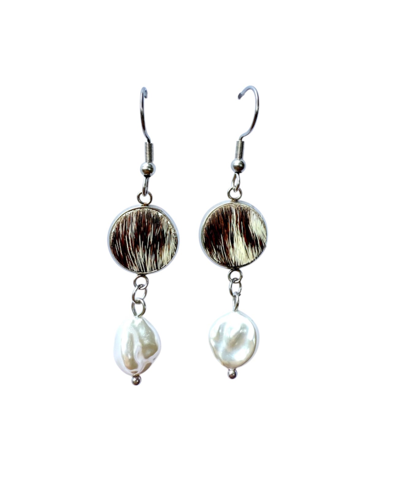 J6672F - 100% Hair on Hide Earrings with Pearl Drop