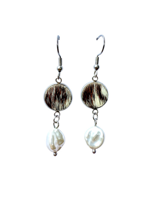 J6672F - 100% Hair on Hide Earrings with Pearl Drop