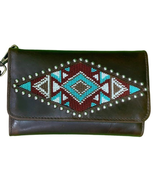 78204 - Klassy Cowgirl Leather Clutch Phone Wallet - Aztec Beaded