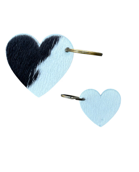 A8756 - Double Sided 100% Hair On Hide Leather Heart Tag Keychain
