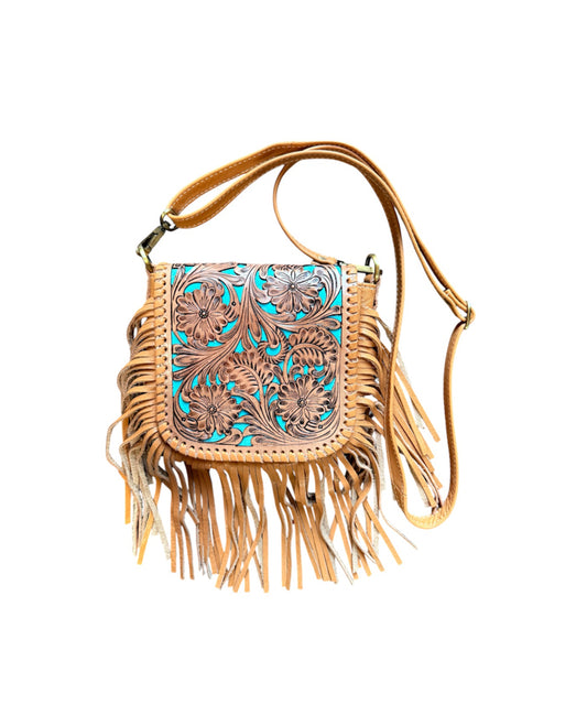 TLB14TURQ - Tooling Leather Hand Carved Flap Sling Bag - Rawhide Western Wear 