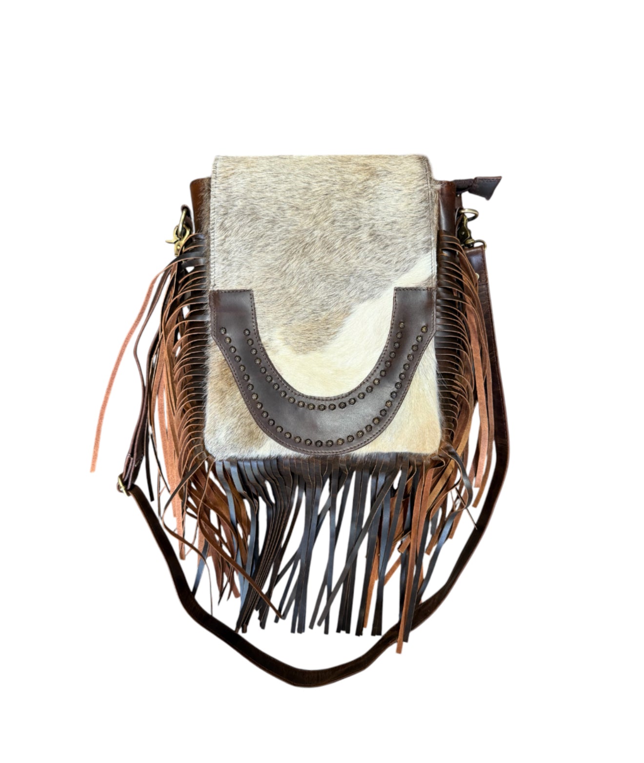 77052A -  Brown and White Cowhide Crossbody Bag with flap and brown suede fringe