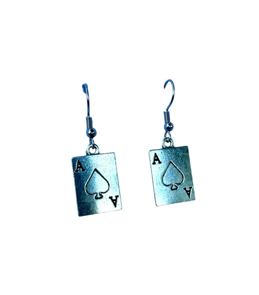 J7045 - Silver Colour Ace of Spades Dangle Earrings