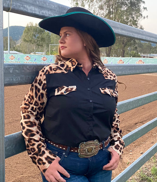 L1308 - Leopard & Black Ladies Western Arena Shirt