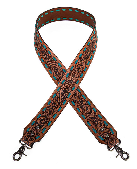 PST1002 - Montana West Western Guitar Style Floral Tooled" Crossbody Strap - Brown
