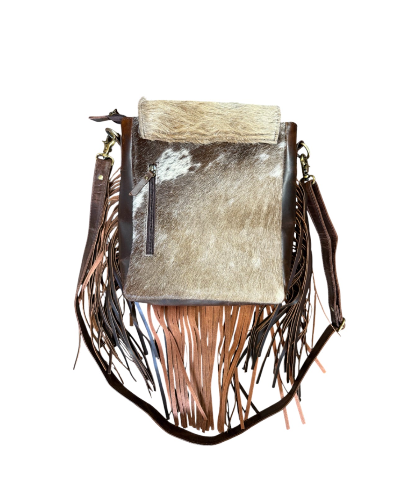 77052A -  Brown and White Cowhide Crossbody Bag with flap and brown suede fringe