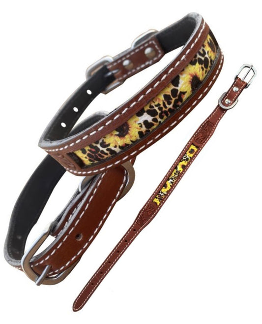 40345 - Sunflower and Cheetah Print Leather dog collar