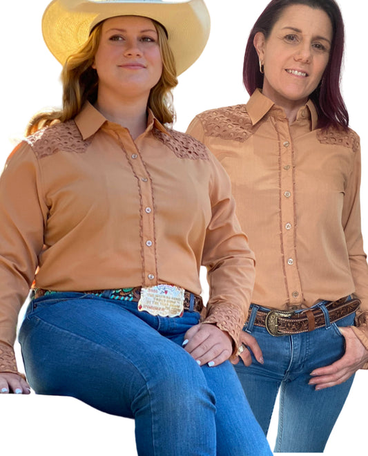 L1461- Jess Ladies Tan Western Shirt with Broderie Contrast