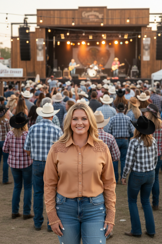 L1461- Jess Ladies Tan Western Shirt with Broderie Contrast - Rawhide Western Wear 