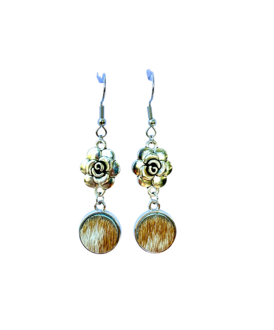 J7057C - 100% Hair on Hide Earrings with Flower Drop